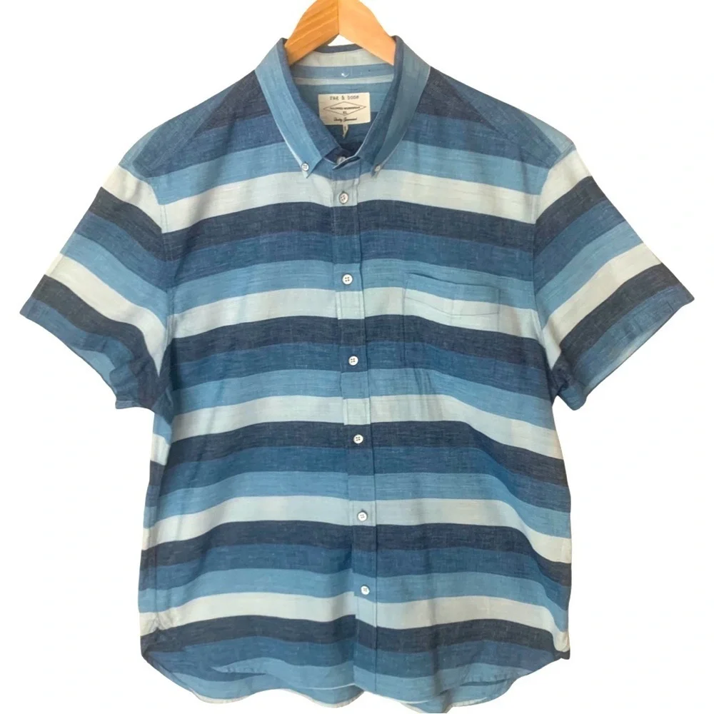 RAG & BONE Linen Blend Striped Button Down Shirt Short Sleeve Collar Casual XL